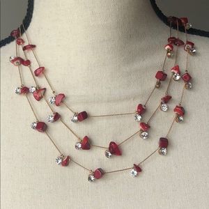 Brand New 3 strand necklace and pierced earring set, red, gold tone